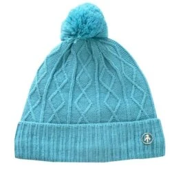 Green Lamb Imogen Fleece Lined Cable Ladies Hat With Pom Pom Scuba Blue  