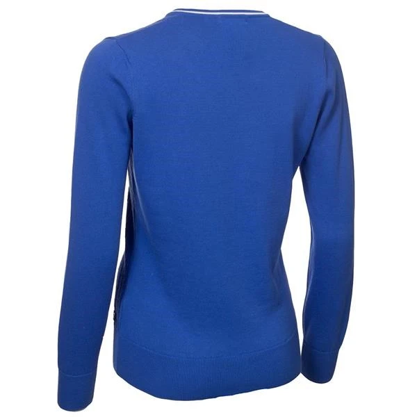 Green Lamb Madison Cable Ladies V-Neck Golf Sweater Cornflow 2 Green Lamb Madison Cable Ladies V-Neck Golf Sweater Cornflow - Image 2