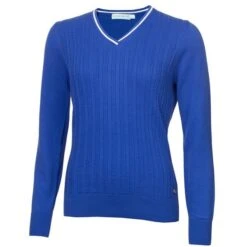 Green Lamb Madison Cable Ladies V-Neck Golf Sweater Cornflow Â