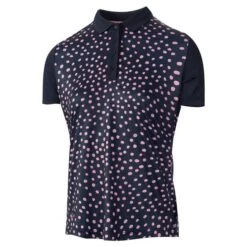 Island Green Ladies All Over Print Golf Polo With Ribbed Collar Navy/Pink