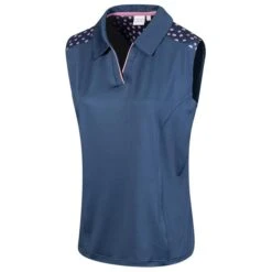 Island Green Ladies Sleeveless Golf Polo With Printed Yoke Navy/Pink